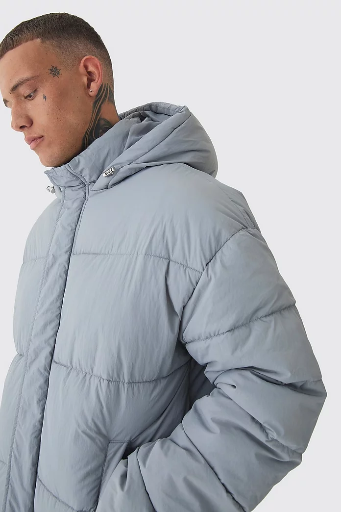 Tall Boxy Crinkle Nylon Puffer Jacket In Light Grey Tall Boxy Crinkle Nylon Puffer Jacket In Light Grey